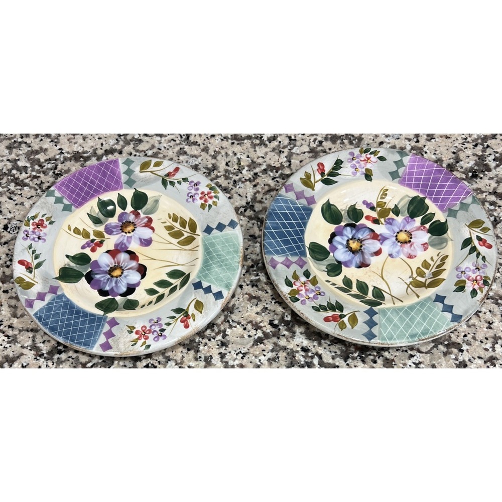2 Gibson Elite Salad/Dinner Plate Wildflower Whisper Ceramic 8" Hand Painted - Picture 1 of 11